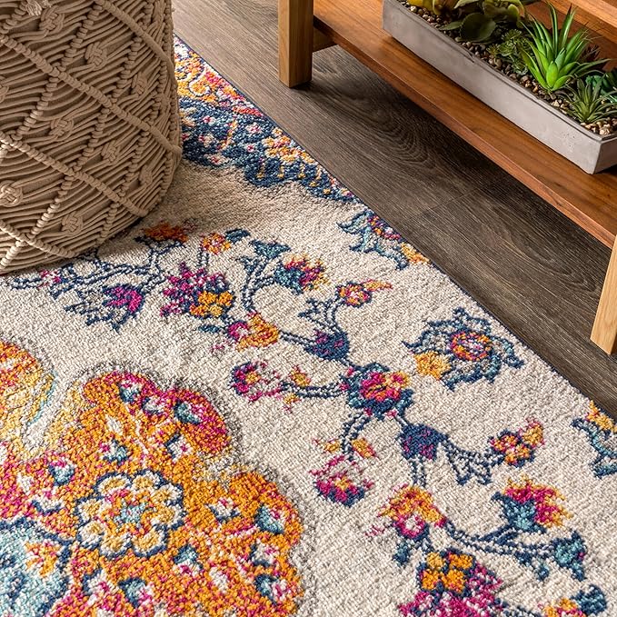 JONATHAN Y Boho Vintage Blue/Multi Indoor Area Rug, 6x9, Bohemian Flair Medallion, Floral Easy-Cleaning High Traffic for Living Room, Bedroom, Kitchen, Pet-Friendly, Non-Shedding (BMF106A-6)