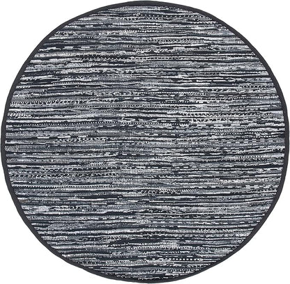 SAFAVIEH Rag Rug Collection Area Rug - 6' Round, Black, Handmade Boho Stripe Cotton, Ideal for High Traffic Areas in Living Room, Bedroom (RAR121Z)
