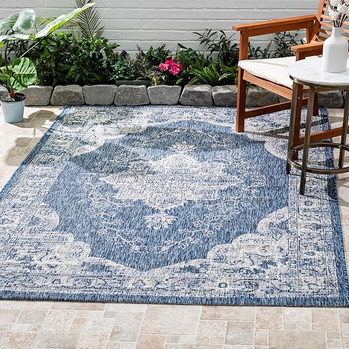 FH Home Outdoor Rug - Waterproof Easy to Clean Stain Resistant - Patio Indoor Outdoor Porch Deck Balcony Entryway - Vintage Distressed - Gorgan - Blue - 4ft x 5ft 7in