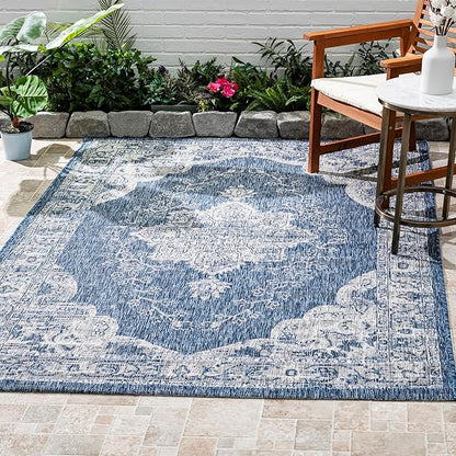 FH Home Outdoor Rug - Waterproof Easy to Clean Stain Resistant - Patio Indoor Outdoor Porch Deck Balcony Entryway - Vintage Distressed - Gorgan - Blue - 4ft x 5ft 7in
