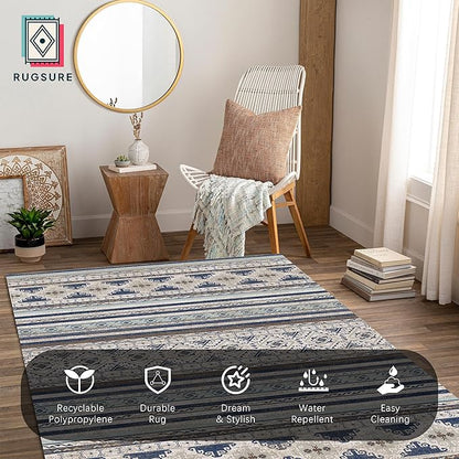 RUGSURE Washable Area Rugs 3' x 5 ' - 1/6 Thick - Moroccan-Inspired -Stain & Water Resistant Non-Slip - Resistant Rug for Living Room, Bedroom, Nursery, Pet & Child Friendly (Blue and Brown)