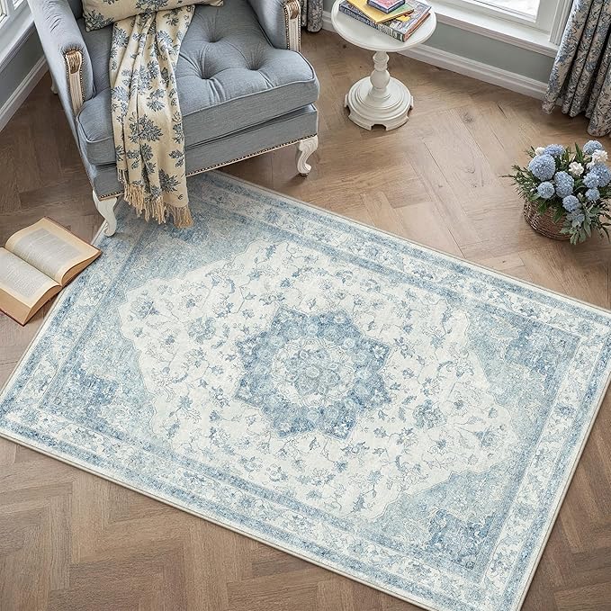 Blue Area Rug 4x6 Washable Vintage Carpet for Office Living Room Soft Retro Low Pile Thin Indoor Rug Non Slip Oriental Medallion Floor Cover for Bedroom Kitchen Dining Room