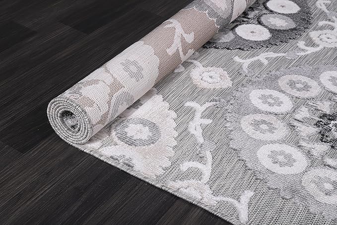 CAMILSON Indoor Outdoor Rug 8x10 Bohemian Medallion Floral Area Rugs for Indoor and Outdoor Patios Easy-Cleaning Non-Shedding Living Room Garden and Kitchen Washable Outside Carpet (8 x 10 / Gray)