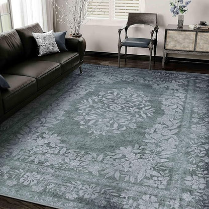 8x10 Area Rug Gray Washable Vintage Distressed Living Room Carpet Large Bedroom Indoor Medallion Floral Non Slip Retro Throw Floor Mat for Office Dining Room Kitchen Bathroom