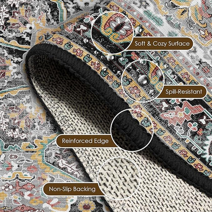 Washable Area Rug 9' x 12' Vintage Traditional Persian Mat - Foldable Distressed Non-Slip Machine Washable Carpet for Living Room Bedroom Kitchen Home Decor - Slate and Multicolor