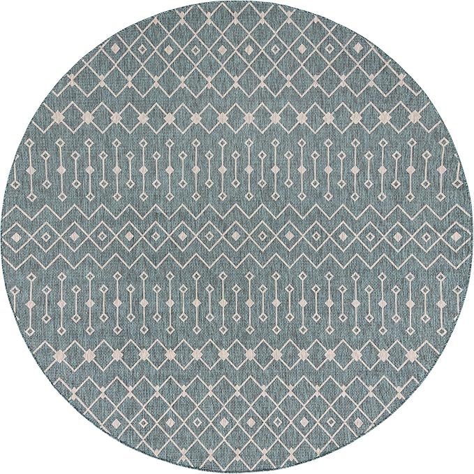 Unique Loom Outdoor Trellis Collection Area Rug - Tribal Trellis (10' 8" Round, Teal/ Ivory)