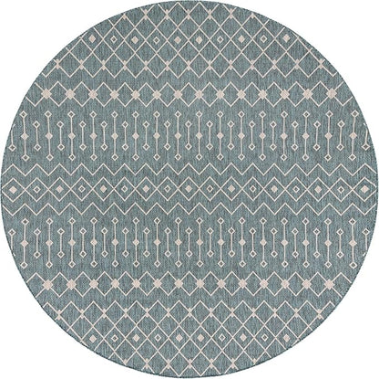 Unique Loom Outdoor Trellis Collection Area Rug - Tribal Trellis (10' 8" Round, Teal/ Ivory)