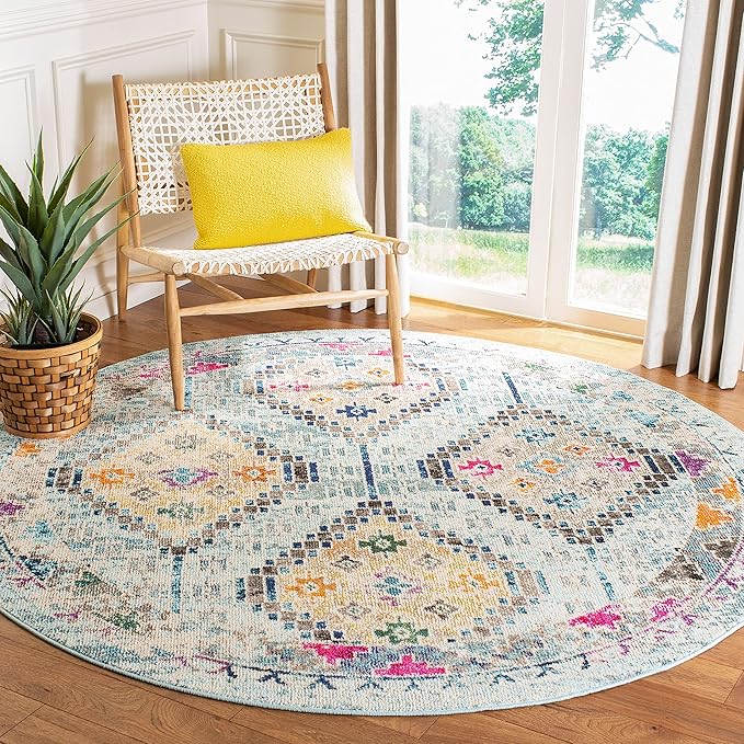 SAFAVIEH Madison Collection 3' Round Blue / Yellow MAD418K Boho Diamond Distressed Non-Shedding Dining Room Entryway Foyer Living Room Bedroom Area Rug