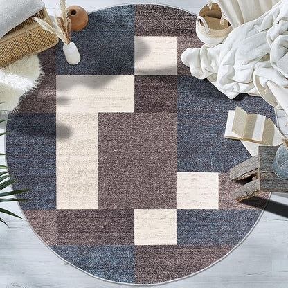 Rugshop Modern Boxes Design Non-Slip (Non-Skid) Round Area Rug for Living Room, Entryway,Kitchen,Breakfast Nook 8' Blue