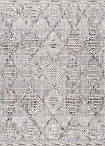 Hauteloom Bogtong Farmhouse Living Room Bedroom Moroccan Trellis Area Rug - Soft Shaggy High Low Carpet - High Pile - Bohemian, Boho - Gray, Beige, Cream - 5'3" x 7'