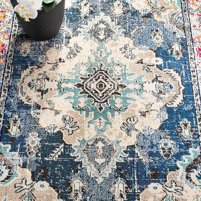 SAFAVIEH Monaco Collection Area Rug - 3' Square, Navy & Light Blue, Boho Chic Medallion Distressed Design, Non-Shedding & Easy Care, Ideal for High Traffic Areas in Living Room, Bedroom (MNC243N)