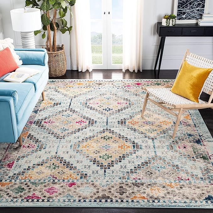 SAFAVIEH Madison Collection Area Rug - 5' Square, Blue & Yellow, Boho Diamond Distressed Design, Non-Shedding & Easy Care, Ideal for High Traffic Areas in Living Room, Bedroom (MAD418K)