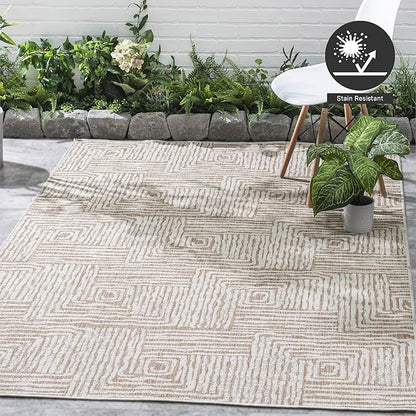 FH Home Flat Woven Outdoor Rug - Waterproof, Easy to Clean, Stain Resistant - Premium Polypropylene Yarn - Modern Geometric - Patio, Deck, Porch, Balcony - Budapest - Beige - 2ft 7in x 4ft 11in