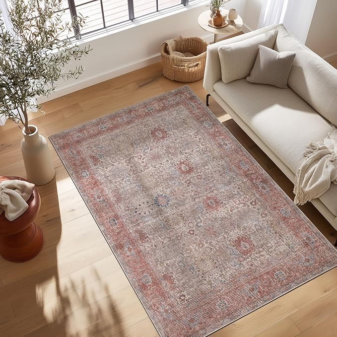 Kuden 6x9 Area Rug, Machine Washable Area Rug with Non-Slip Backing, Vintage Style, Soft, Easy Clean, Low Pile Rug for Living Room, Bedroom, Dining Room