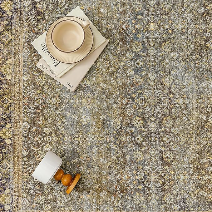 Area Rug 8x10 Brown Living Room Washable Vintage Carpet Non Slip Indoor Retro Traditional Accent Throw Large Rug for Office Bedroom Dining Room Playroom