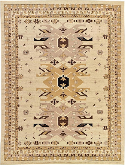 Unique Loom Taftan Collection Border Geometric Tribal Inspired Design Area Rug (9' 10 x 13' 0 Rectangular, Ivory/ Tan)