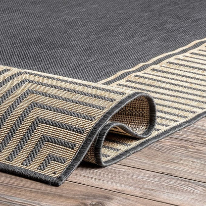 Nuloom Asha Dark Grey/Ivory, 9'6" x 12', Casual, Striped Border, Soft and Cozy, High Traffic, Stain Resistant, Easy Clean, Durable Area Rug for Indoor/Outdoor Patio, Deck, Porch, Garden, Courtyard