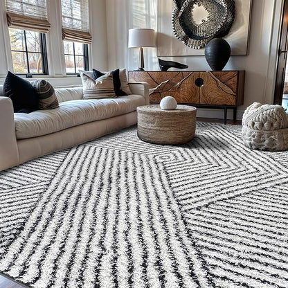 Rugshop Geometric Diamond Stripe Shag Area Rug White 7' 10" x 10' Perfect for Large Living Rooms, Dining Areas, or Master Bedrooms