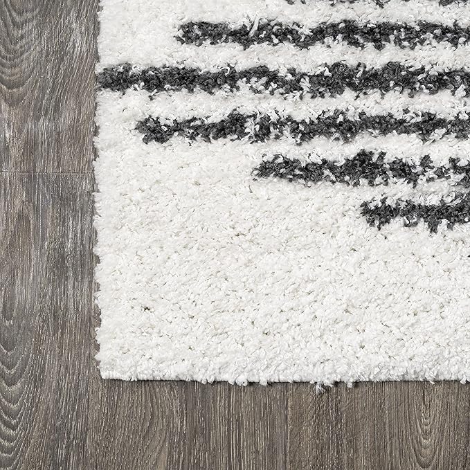 JONATHAN Y Elm Diamond Stripe Shag White/Gray Runner Rug, 2x8, Geometric, Bohemian, Contemporary, Easy-Cleaning for Living Room, Bedroom, Kitchen, Pet Friendly, Non-Shedding (MOH408A-28)