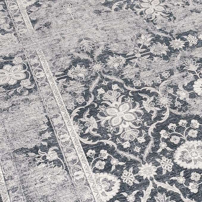ReaLife Rugs Machine Washable Area Rug - Living Room Bedroom Bathroom Kitchen Entryway Office - Padded Low Pile Stain Resistant Premium - Boho Farmhouse Vintage - Noor - Dark Gray Ivory 5' x 7'