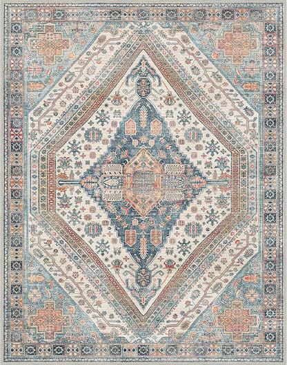 Bavni Washable Rug 8x10 Area Rug for Living Room Bedroom Dining, Washable Vintage Print Carpet, Ultra-Thin Chenille Low Pile Lightweight Rug with Non Slip Backing, Blue/Orange