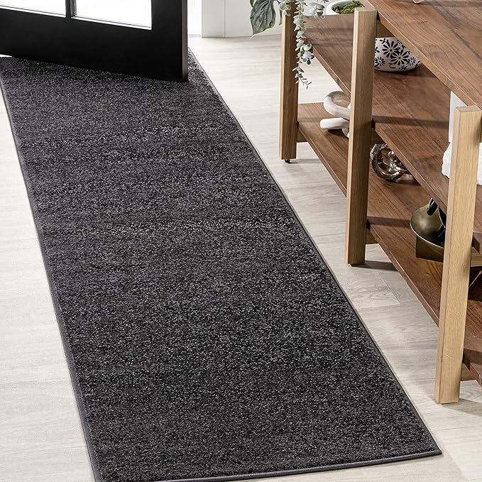 Eyely UES100I-216 Supersoft Haze Solid Low-Pile Indoor Runner Rug, Coastal, Bohemian, Minimalist, Classic, Casual for Bedroom,Kitchen,Living Room,Non Shedding,Easy-Washing, Black, 2 X 16
