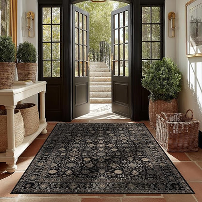 Area Rug Non Slip Machine Washable Ultra Soft Living Room/Bedroom/Kitchen/Outdoor/Classroom Black Gold, 6'×9'