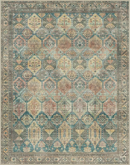 Bavni Washable Rug 5x7 Area Rug for Living Room Bedroom Dining, Washable Vintage Print Carpet, Ultra-Thin Low Pile Lightweight Rug with Non Slip Backing, Multi Green