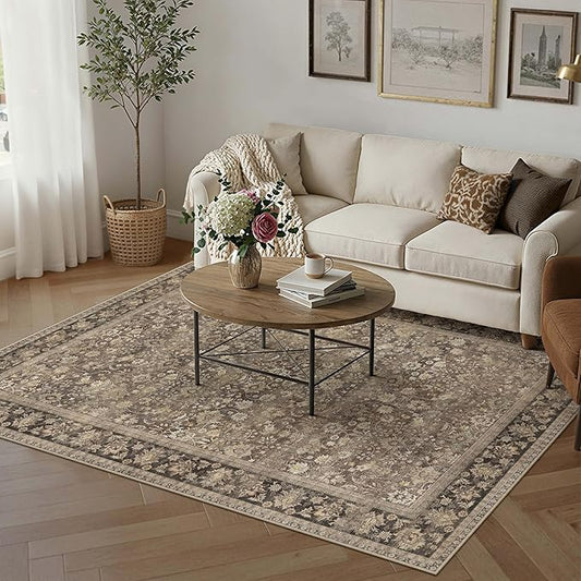 HUGEAR 5x7 Machine Washable Rugs Brown Hallway Area Rug Indoor Accent Rug Floral Mid Pile Carpet Soft Thicker Throw Aesthetic Rug Bedroom Living Room Office Dining Kitchen Laundry Non Slip
