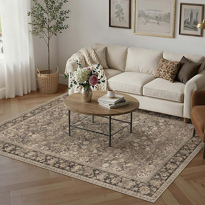 HUGEAR 4x6 Machine Washable Rugs Brown Hallway Area Rug Indoor Accent Rug Floral Low Pile Carpet Soft Throw Rug Bedroom Living Room Office Dining Room Kitchen Laundry Room Non Slip