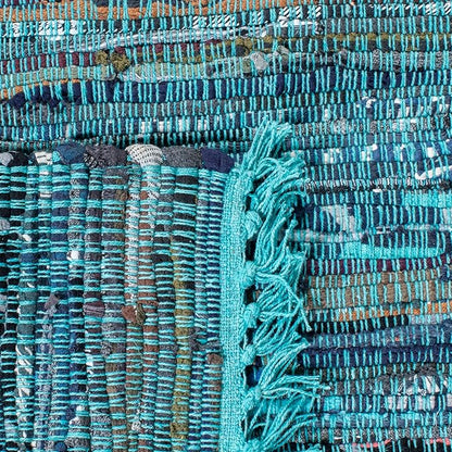 SAFAVIEH Rag Rug Collection Runner Rug - 2'3" x 11', Blue & Multi, Handmade Boho Stripe Cotton, Ideal for High Traffic Areas in Living Room, Bedroom (RAR121B)