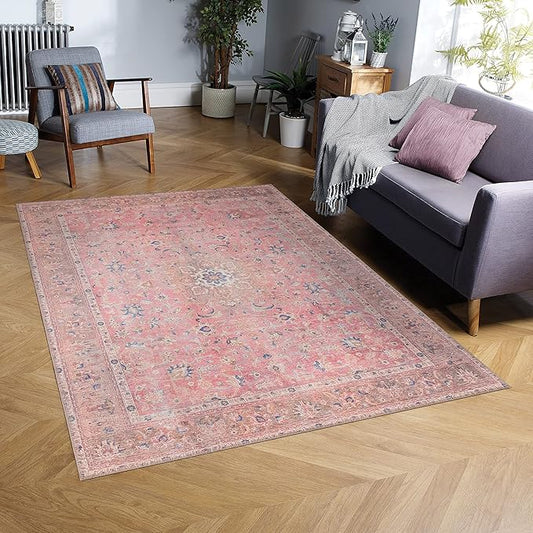 GLN Rugs Traditional Collection - Machine Washable Area Rug, Traditional Washable, Non Slip, Low Pile Chenille Rug, Living Room, Bedroom, Kitchen Rug (5' x 7' Pink/Cream)