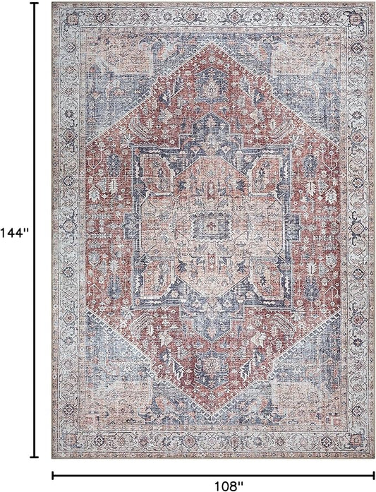 Bloom Rugs Washable Non-Slip 9' x 12' Rug - Red/Blue Traditional Medallion Area Rug for Living Room, Bedroom, Dining Room, and Kitchen - Exact Size: 9' x 12'