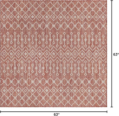 Unique Loom Outdoor Trellis Collection Area Rug - Tribal Trellis (5' 3" Square, Rust Red/ Ivory)