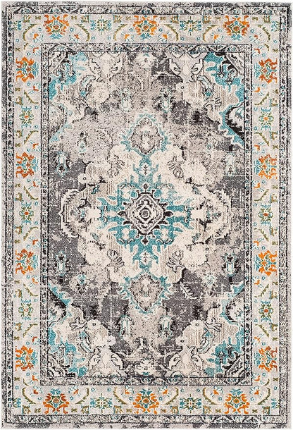 SAFAVIEH Monaco Collection Area Rug - 5'1" x 7'7", Grey & Light Blue, Boho Chic Medallion Distressed Design, Non-Shedding & Easy Care, Ideal for High Traffic Areas in Living Room, Bedroom (MNC243G)