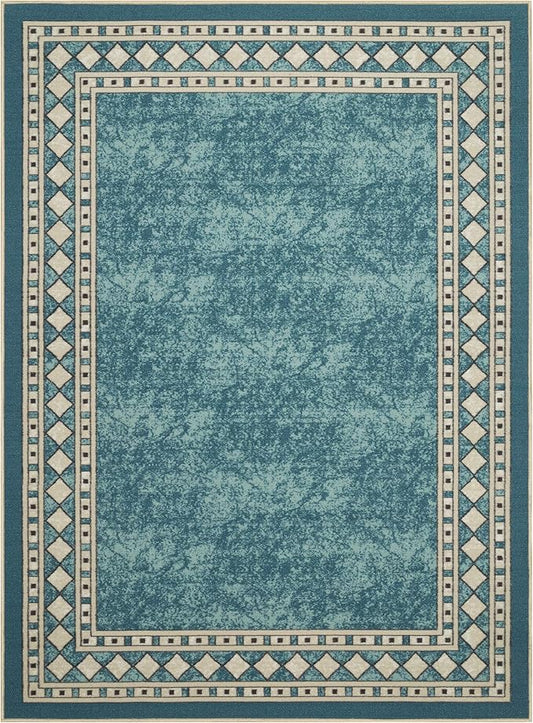 Antep Rugs Alfombras Modern Bordered 3x5 Non-Skid (Non-Slip) Low Profile Pile Rubber Backing Indoor Area Rugs (Blue, 3' x 5')
