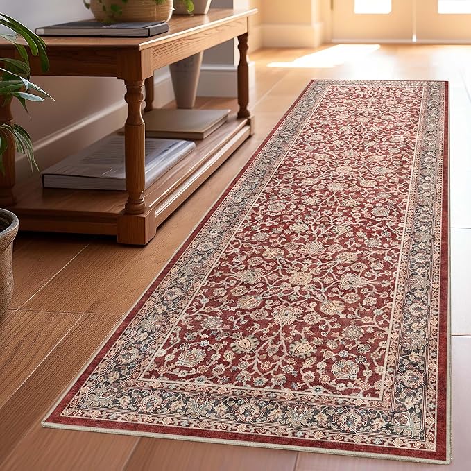 Well Woven Asha Rome Red 2'3" x 7'3" Runner Rug - Oriental Floral Pattern, Easy Clean, Floor-Friendly Backing - for Hallway, Entryway, and Kitchen