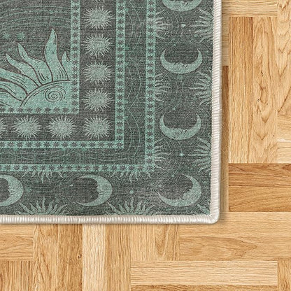 Ambesonne Sun and Moon Decorative Rug, Bohemian Artwork Design of Crescent Solar Ornament Esoteric Stars Ornaments, Quality Carpet for Bedroom Dorm and Living Room, 2' 2" x 3' 7", Grey Teal