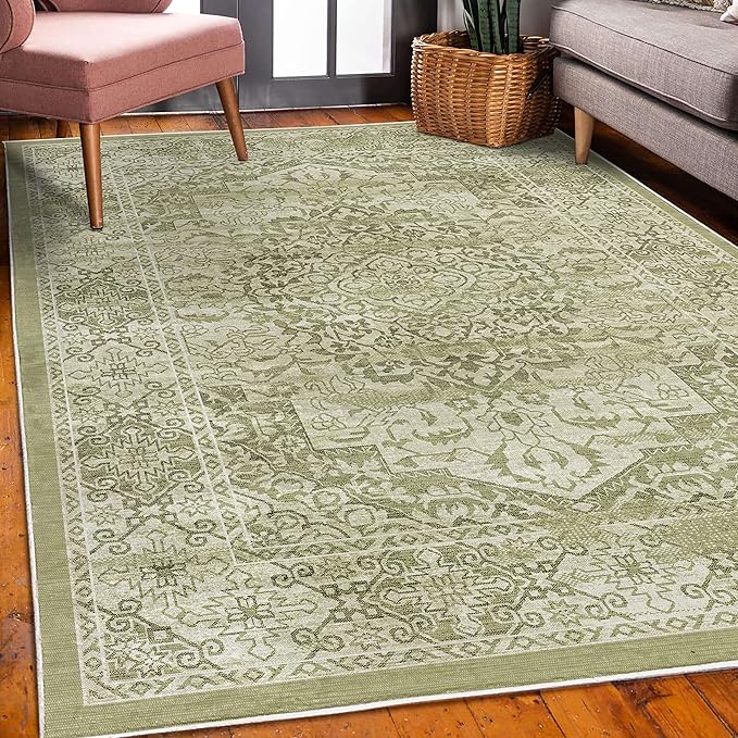 Ambesonne Victorian Decorative Rug, Floral Swirls Weathered Look Blooming Vintage Style Leaves Illustration, Quality Carpet for Bedroom Dorm and Living Room, 4' X 5' 5", Khaki Olive Green
