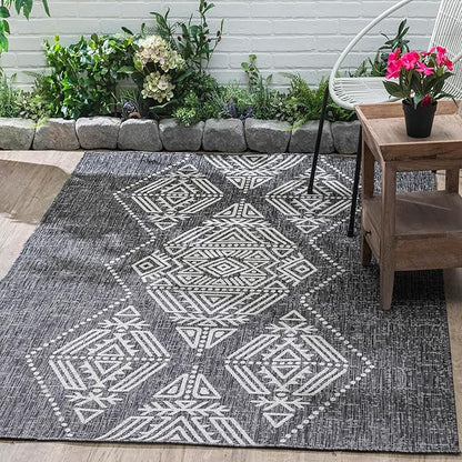 FH Home Flat Woven Outdoor Rug - Waterproof, Easy to Clean, Stain Resistant - Premium Polypropylene Yarn - Boho Moroccan - Large Patio, Deck, Sunroom - Ariana - Charcoal - 5ft 2in x 7ft 6in