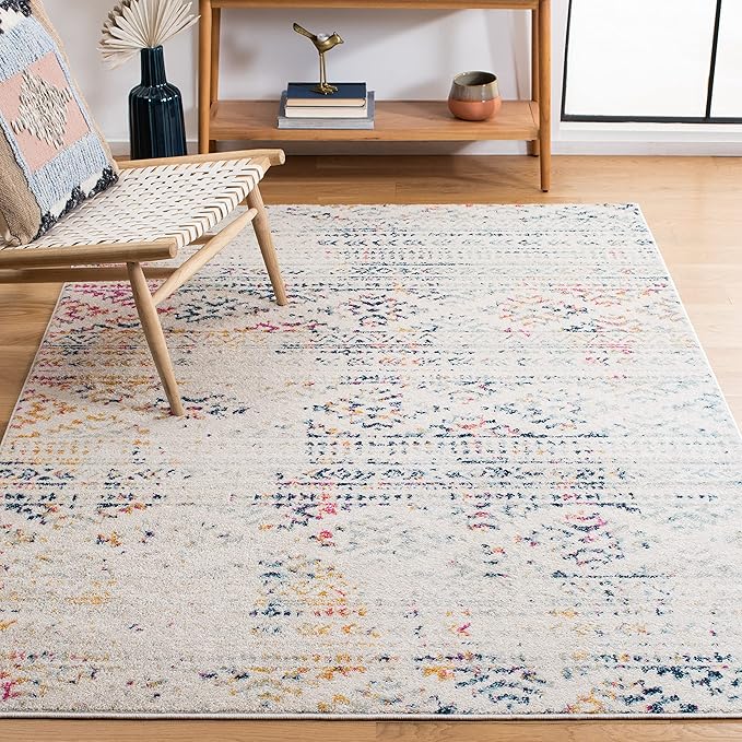 SAFAVIEH Area Rug 4x6 - Tulum Collection - Ivory & Blue, Moroccan Boho Tribal Design, Non-Shedding & Easy to Clean, Ideal for Living Room, Bedroom, Dining Space (TUL272C)