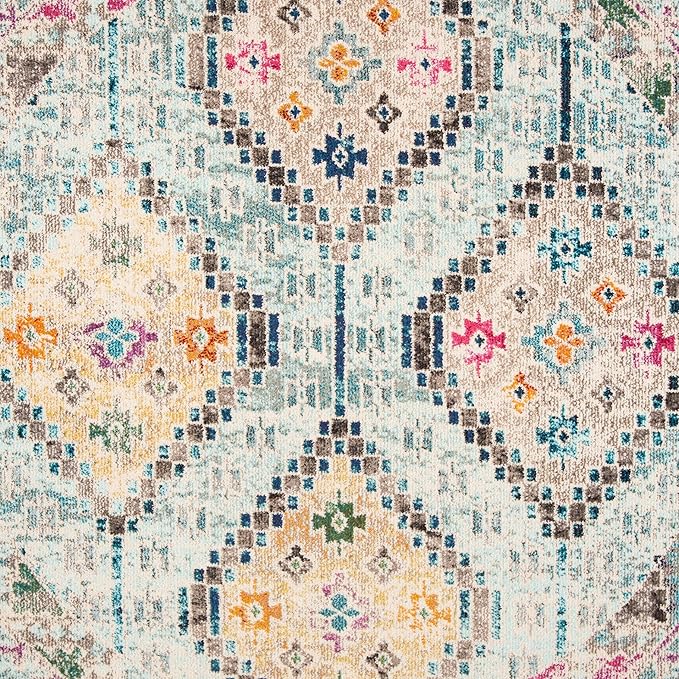 SAFAVIEH Madison Collection Area Rug - 6'7" Round, Blue & Yellow, Boho Diamond Distressed Design, Non-Shedding & Easy Care, Ideal for High Traffic Areas in Living Room, Bedroom (MAD418K)