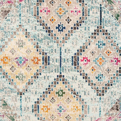 SAFAVIEH Madison Collection Area Rug - 6'7" Round, Blue & Yellow, Boho Diamond Distressed Design, Non-Shedding & Easy Care, Ideal for High Traffic Areas in Living Room, Bedroom (MAD418K)