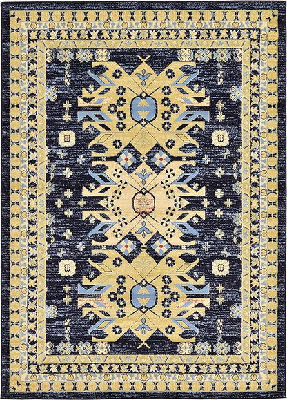 Unique Loom Taftan Collection Border Geometric Tribal Inspired Design Area Rug (7' 0 x 10' 0 Rectangular, Navy Blue/ Gold)