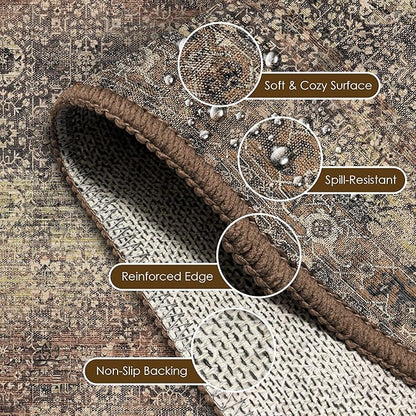Washable Area Rug 6' x 9' Vintage Traditional Persian Mat - Foldable Distressed Non-Slip Machine Washable Carpet for Living Room Bedroom Kitchen Home Decor - Umber and Slate