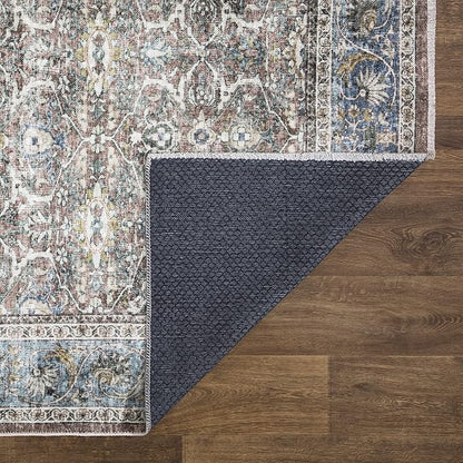 Bloom Rugs Washable Non-Slip 2x3 Rug - Blue/Red Brown Traditional Oriental Area Rug for Living Room, Bedroom, Dining Room, and Kitchen - Exact Size: 2' x 3'