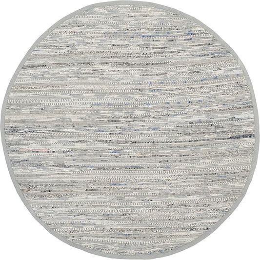 SAFAVIEH Rag Rug Collection Area Rug - 9' Round, Grey, Handmade Boho Stripe Cotton, Ideal for High Traffic Areas in Living Room, Bedroom (RAR121A)