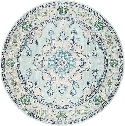 SAFAVIEH Monaco Collection Area Rug - 6'7" Round, Light Blue & Ivory, Boho Chic Medallion Distressed Design, Non-Shedding & Easy Care, Ideal for High Traffic Areas in Living Room, Bedroom (MNC243K)