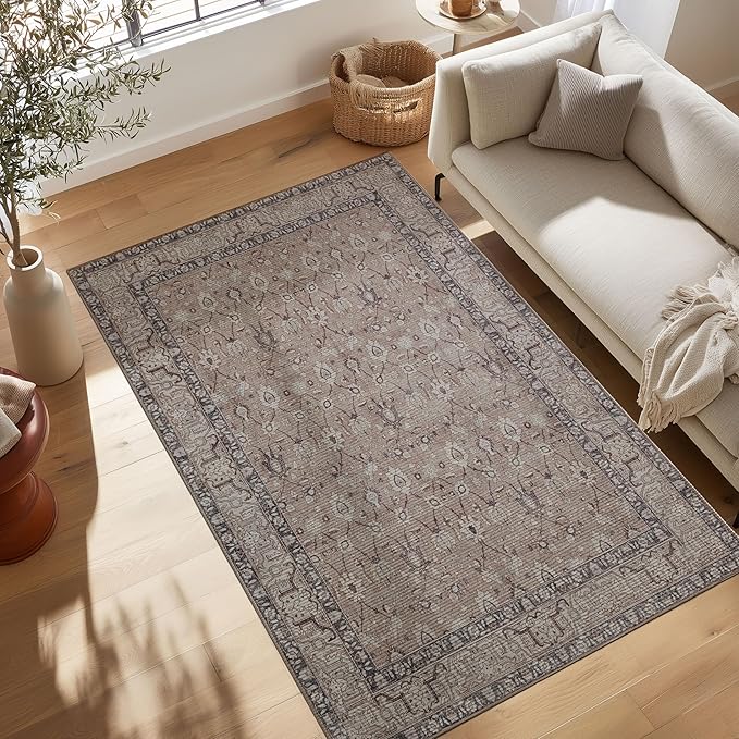 Kuden 6x9 Area Rug, Machine Washable Area Rug with Non-Slip Backing, Vintage Style, Soft, Easy Clean, Low Pile Rug for Living Room, Bedroom, Dining Room
