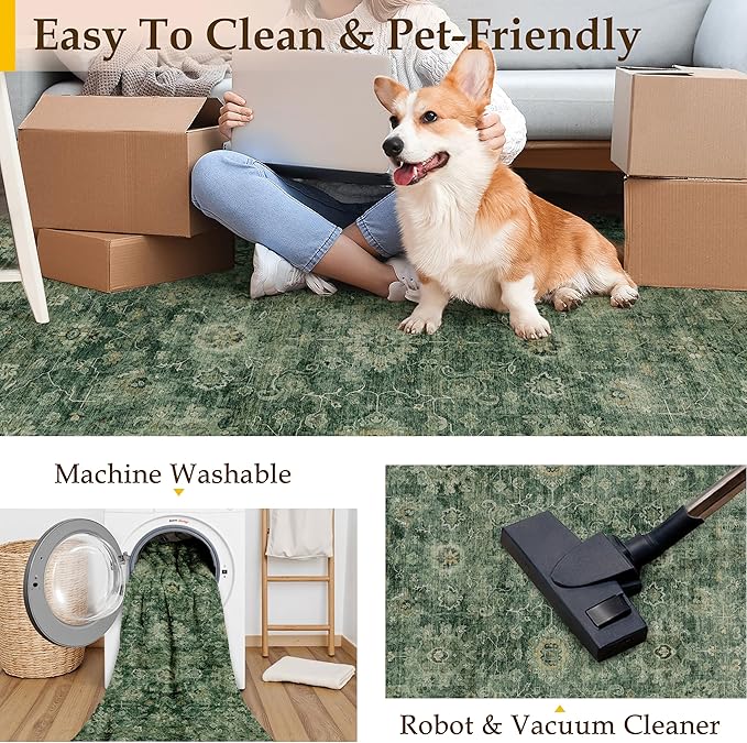 2x8 Washable Runner Rug for Kitchen Hallway Green Vintage Non-Slip Low Pile Distressed Rustic Carpet Lightweight Vacuumable Soft Long Throw Rug for Entryway Bedroom